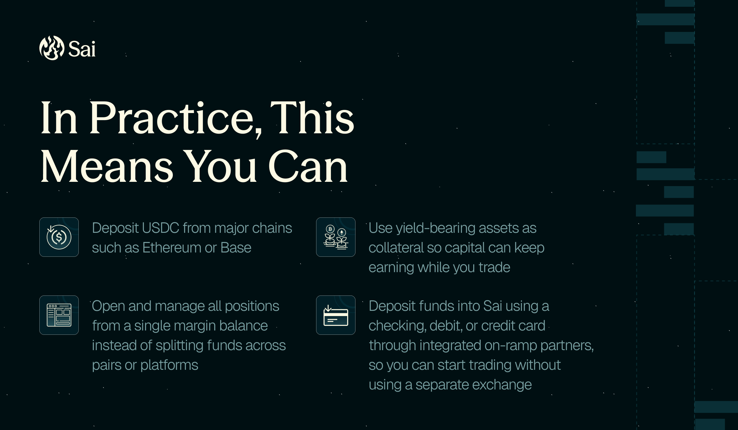 - Deposit USDC from major chains such as Ethereum or Base
- Use yield-bearing assets as collateral so capital can keep earning while you trade
- Open and manage all positions from a single margin balance instead of splitting funds across pairs or platforms
- Deposit funds into Sai using a checking, debit, or credit card through integrated on-ramp partners, so you can start trading without using a separate exchange